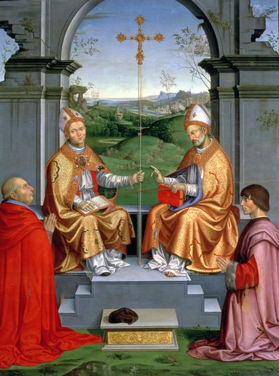 St. Thomas a Becket and St. Martin of Tours with Archbishop Giovanni Pietro Arrivabene and Guidobaldo da Montefeltro, Duke of Urbino by Timoteo Viti